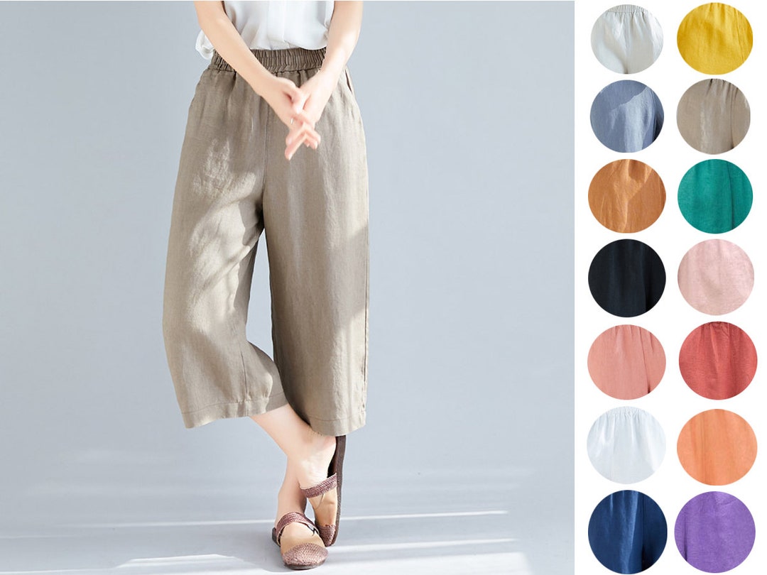 Women's Linen Pants,summer Elastic Waist Cropped Pants,solid Colour