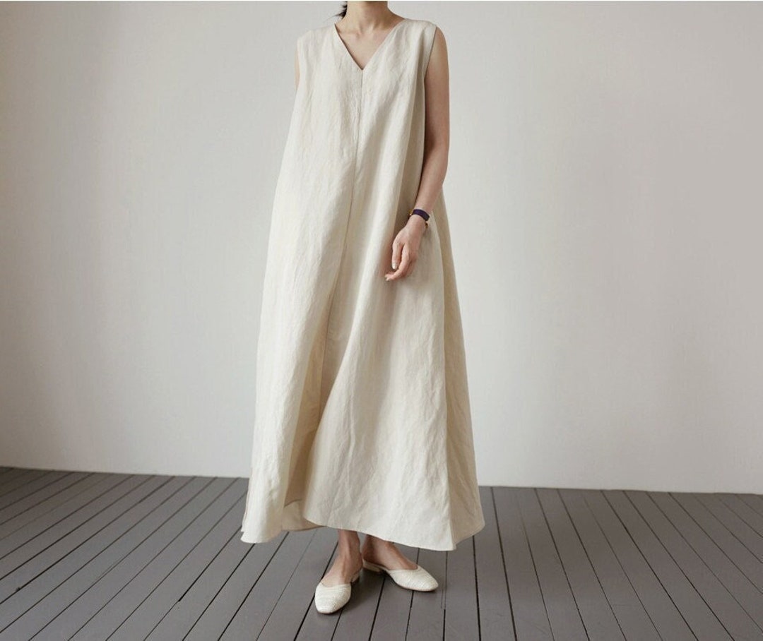 Summer Linen Dress V Neck Sleeveless Linen Dress Women - Etsy