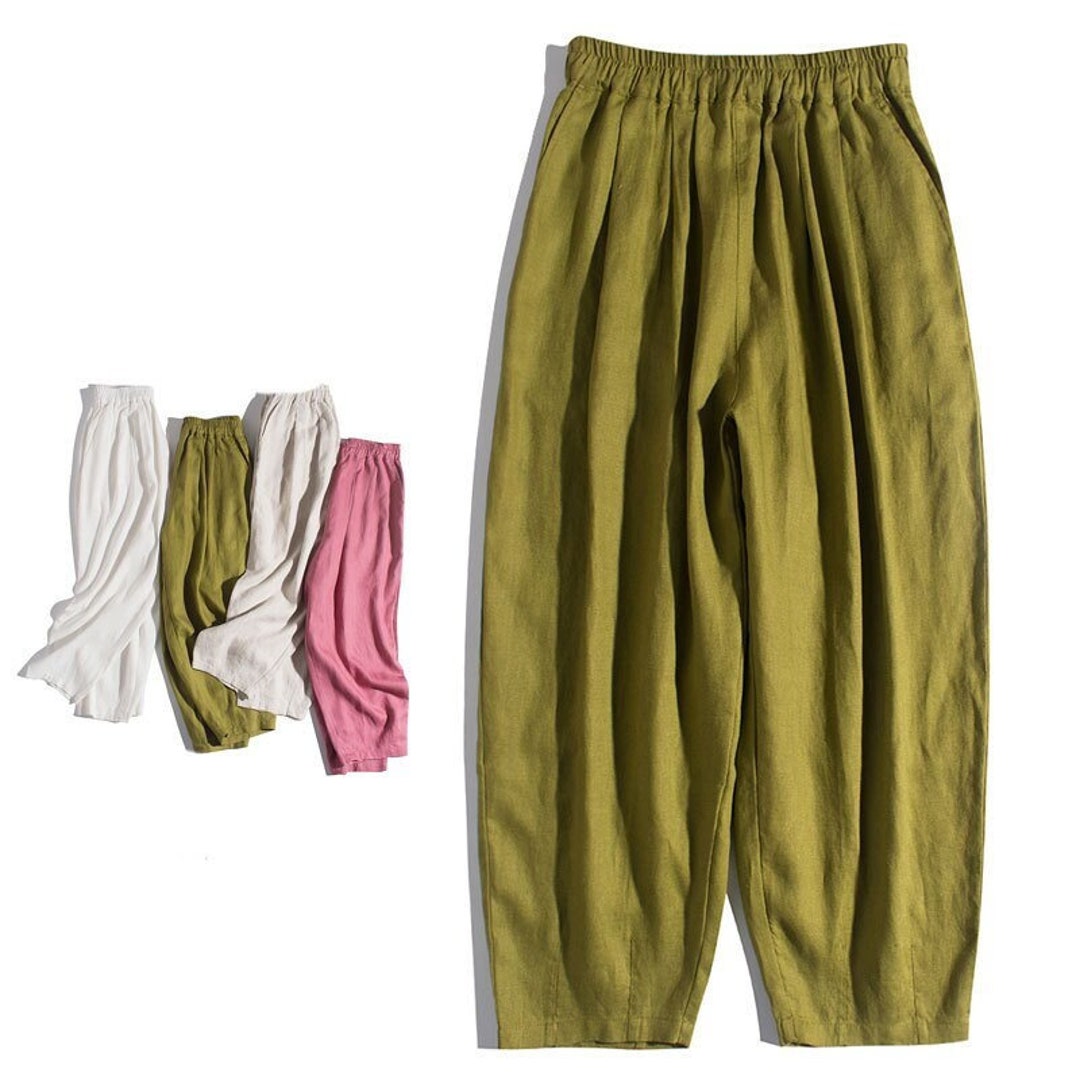 Summer Linen Ankle Pants, 100 Linen Wide Leg Pants, Women's Loose