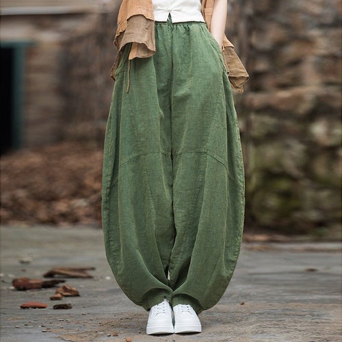 Women loose stone washed linen harem pants, summer cotton linen tapered pants, retro elastic waist cotton linen wide leg pants