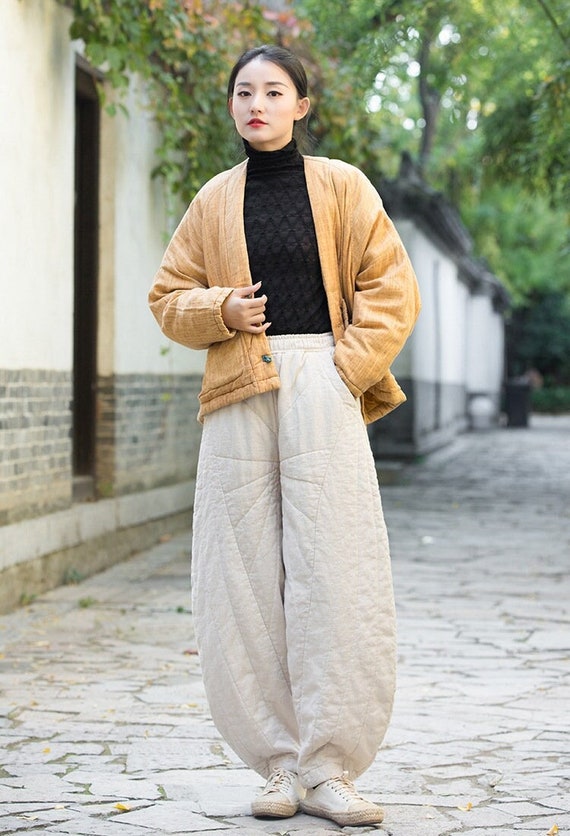 Winter Linen Pants, Vintage Casual Elastic Waist Cotton Linen Pants,  Women's Winter Cotton Linen Wide Leg Pants -  Canada