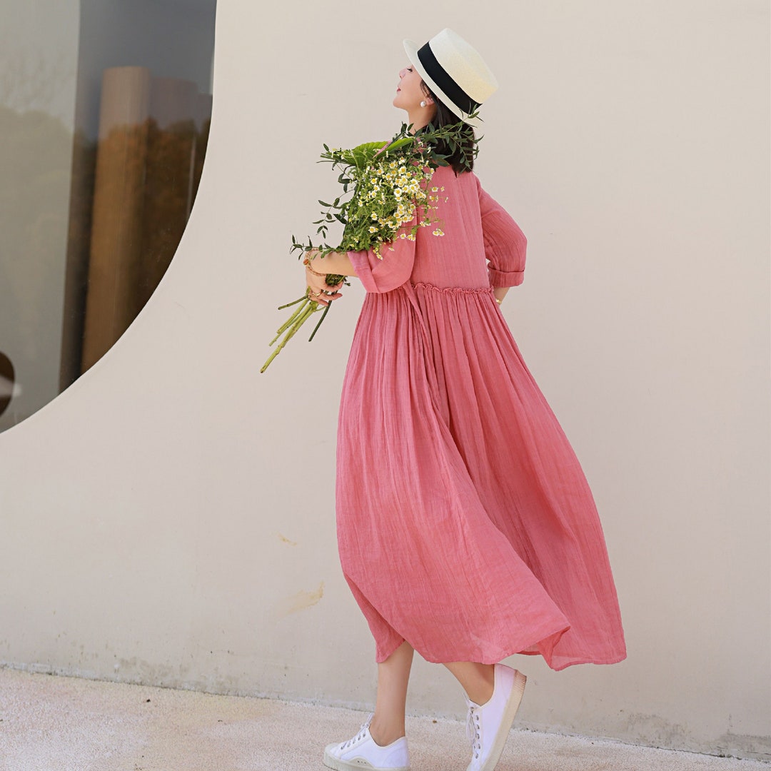 Pink Linen Dress Summer Boat Neck Linen Dress Vintage MIDI - Etsy