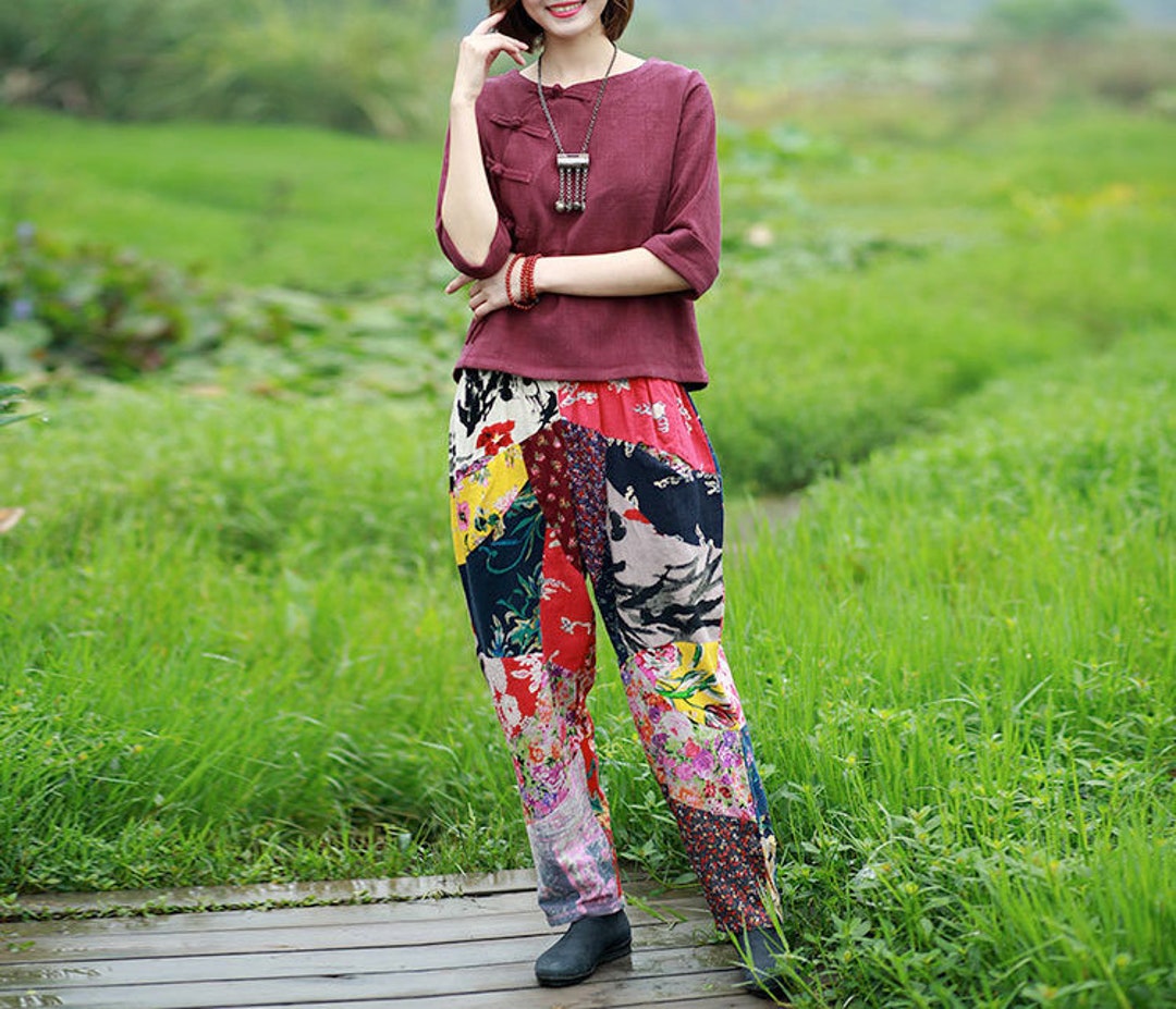 Women Linen Pants /hand Made Splice Flower Linen Harlan Pants Etsy