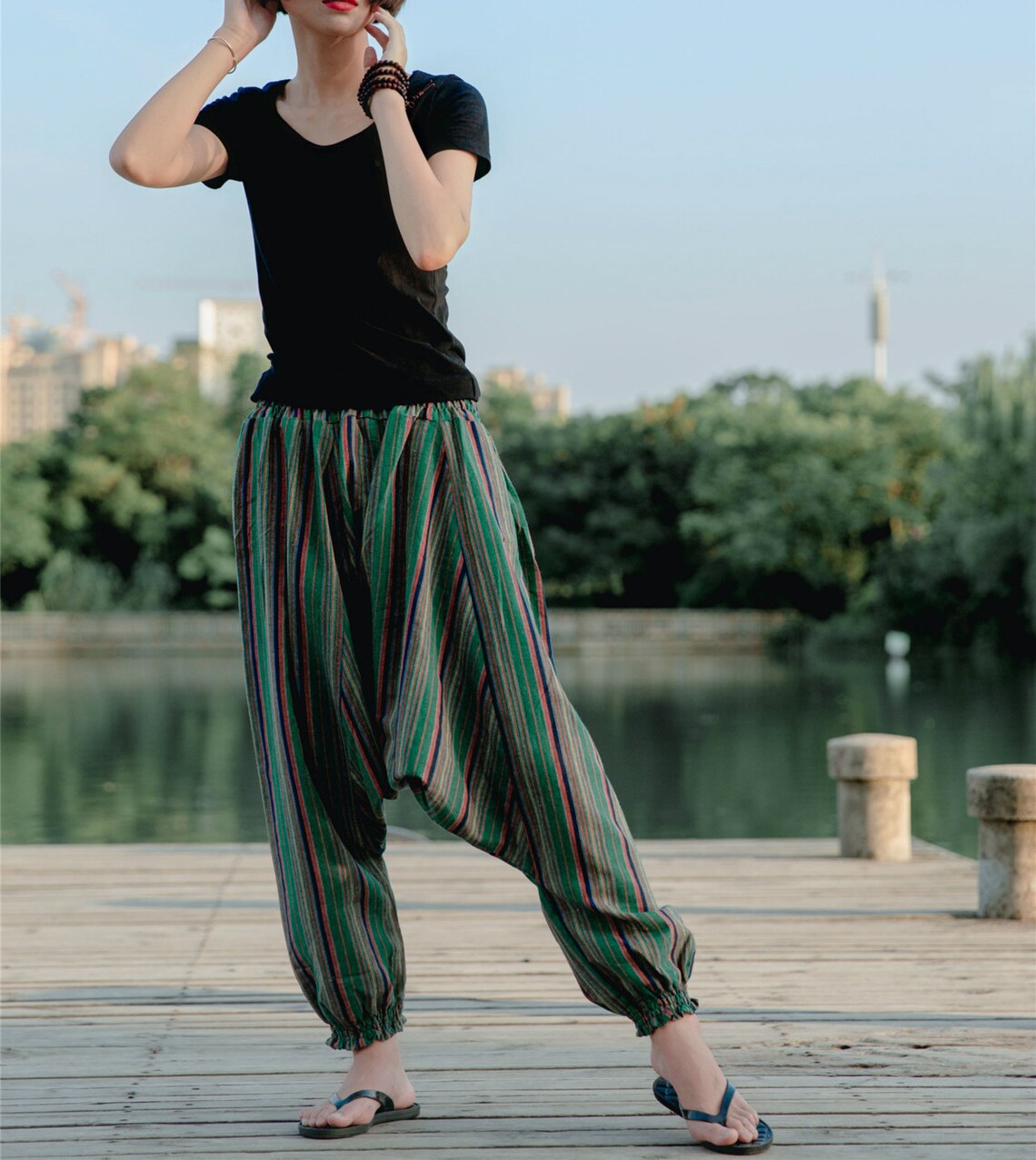 Harem Pantswomen Cotton Linen Harem Pantsflral Harem Etsy