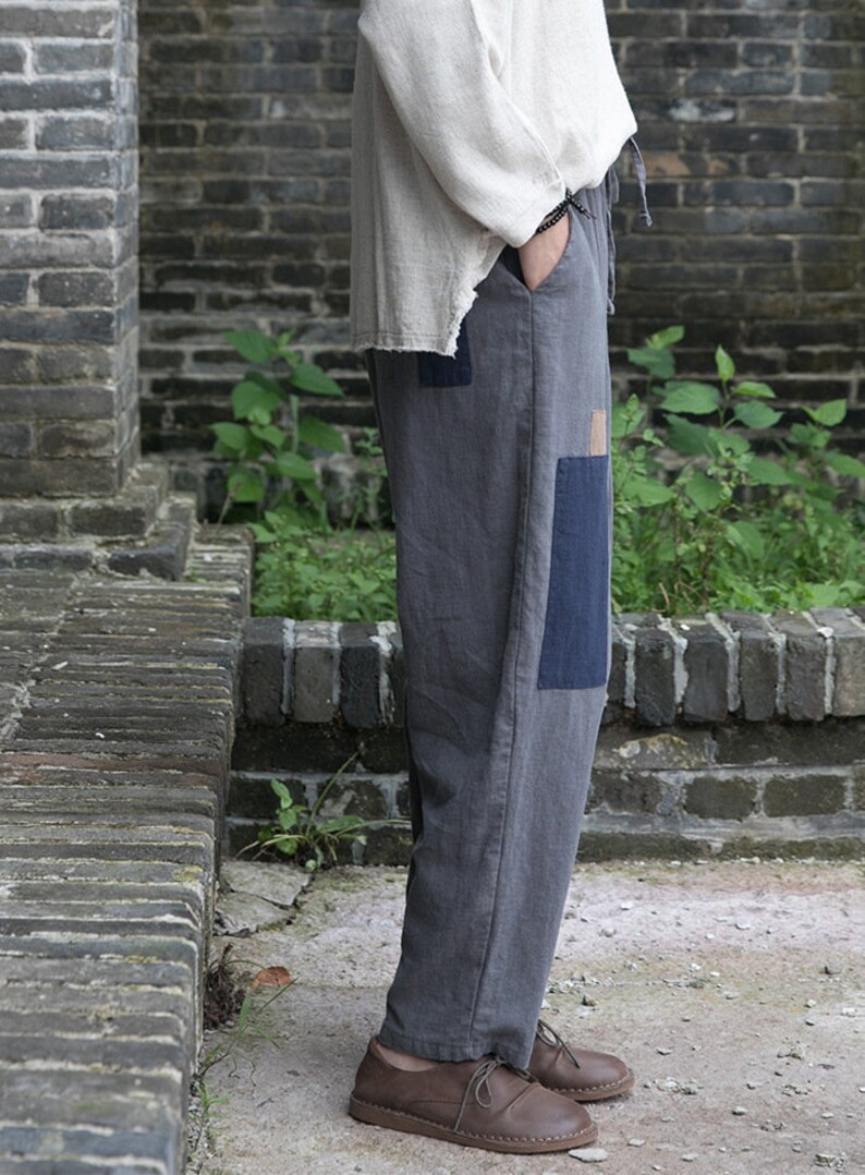 Blue linen pantssmall feet casual linen pantssplicing process