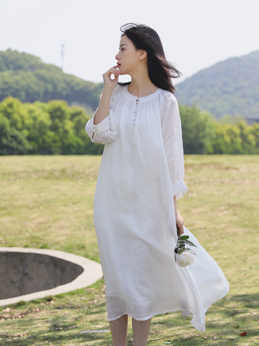 Summer white linen dress / tulle bohemian dress / linen loose | Etsy