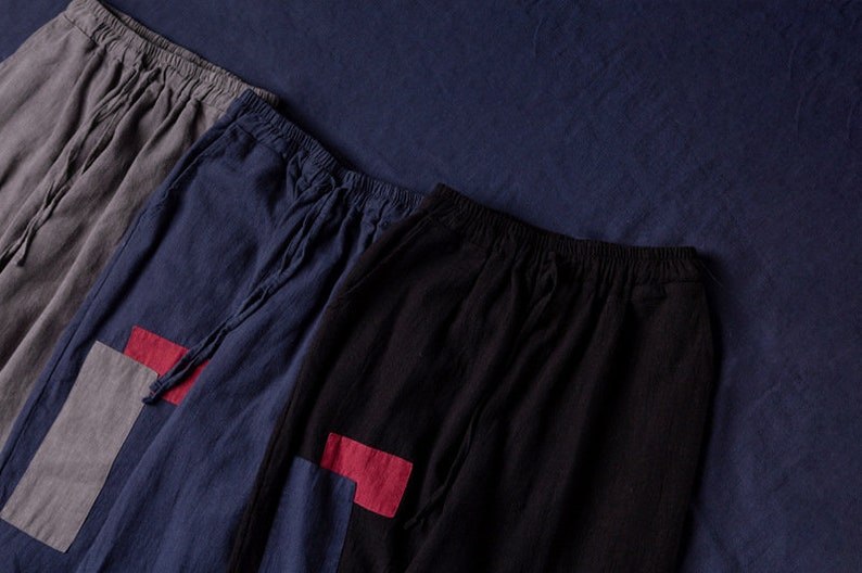 Blue linen pantssmall feet casual linen pantssplicing process
