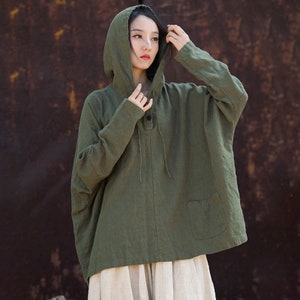 Women long sleeve linen hoodie, vintage loose cotton linen hoodie, Chinese stonewashed cotton linen hooded , women comfortable linen hoodie