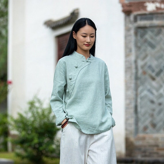 Long-sleeved Linen Shirt, Vintage Chinese Embroidery Shirt