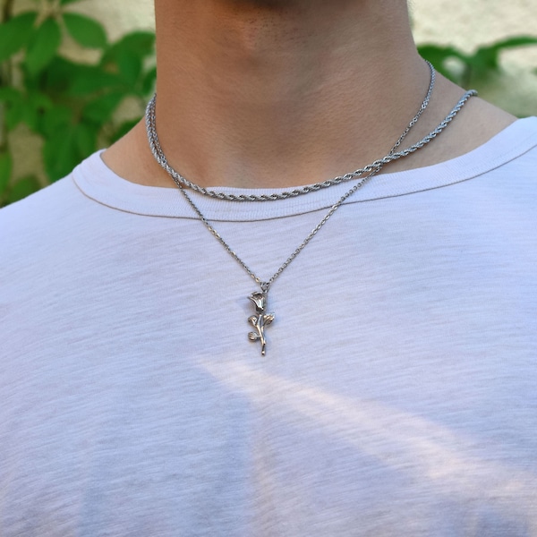 COLLIER Pendentif ROSE Fleur en ARGENT Plaqué pour Homme et Femme