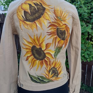 Original unique hand painted beige jeans jacket &quot;Sunflower everywhere&quot;