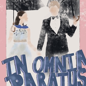 May include: A vintage-style poster with a couple standing under an umbrella. The poster has a pink background and the text "IN OMNI PARATUS" in blue.