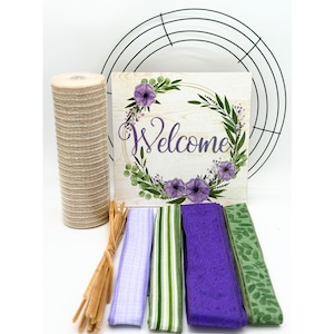 Everyday Welcome DIY Wreath Kit with Purple and Green Accents,Floral Welcome Sign, Wreath Supplies Kit, Front Door Wreath Kit, Craft Kit