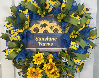 Bright,colorful Sunflower Wreath for your front door, Trendy Blues and Yellows, Everyday Sunflower Wreath, Summer Wreath, Sunflower Decor