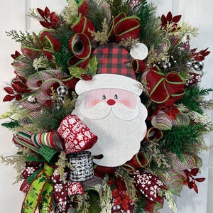 Rustic Santa Claus Christmas Wreath for your front door,Buffalo Plaid Santa Christmas Decor, Farmhouse Holiday Wreath Door Decor,