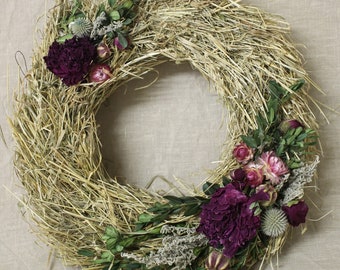 Wreath with hay, peonies, straw flowers, box and natural material, door wreath