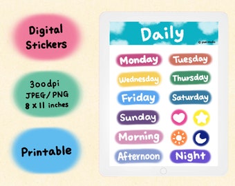 Op de afbeelding: Digitale stickers met de woorden "Daily", dagen van de week en tijden van de dag. De afbeelding bevat ook een hart, een ster, een zon en een maan. De afbeelding is 20,32 cm x 27,94 cm en is printbaar.