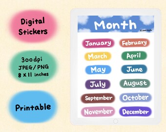 Op de afbeelding: Digitale stickers met het woord "Month" en de namen van de maanden in gekleurde, afgeronde rechthoeken. De afbeelding bevat ook de tekst "300dpi JPEG/PNG 8 x 11 inch" en "Printable".