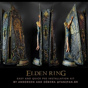 Puede incluir: Kit de instalación de PS5 personalizado en negro y dorado con temática de Elden Ring. El kit presenta un diseño detallado con una figura y patrones intrincados. La base y los bordes están acentuados con dorado. El texto "ELDEN RING" se muestra en la parte inferior.