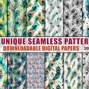 Peacock Feathers, Watercolor,Seamless Patterns,Light Background,Printable Digital Paper,Instant Digital Download,Seamless Digital Paper Pack