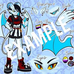 Op de afbeelding: Digitale illustratie van een personage met een blauwe huid, zwart haar en hoorns. Het personage draagt een zwart-rood gestreept shirt, een zwarte korte broek en rode laarzen. De afbeelding bevat de tekst "Jazzy 5'6" en "They/them".