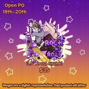 Könnte beinhalten: Ein 3,5-Zoll-Hartemaille-Pin mit einer Cartoon-Figur mit stacheligen Haaren und einem Schwanz, umgeben von violetten Musiknoten und Sternen. Der Text lautet Open PO 18th-20th, Rock N' Roll sowie 3.5, hard enamel, $35. Der Hintergrund ist ein Farbverlauf.