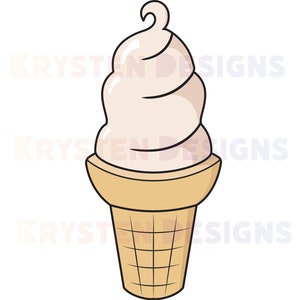 May include: A cartoon illustration of a soft-serve ice cream cone. The ice cream is a light beige color, with a swirl design. The cone is a light brown color with a waffle pattern.
