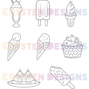 Pode incluir: Ilustração em preto e branco de várias guloseimas de gelado, incluindo um sundae, um picolé, cones de gelado, um cupcake, uma banana split e um picolé com uma mordida. O estilo é simples e ilustrativo.