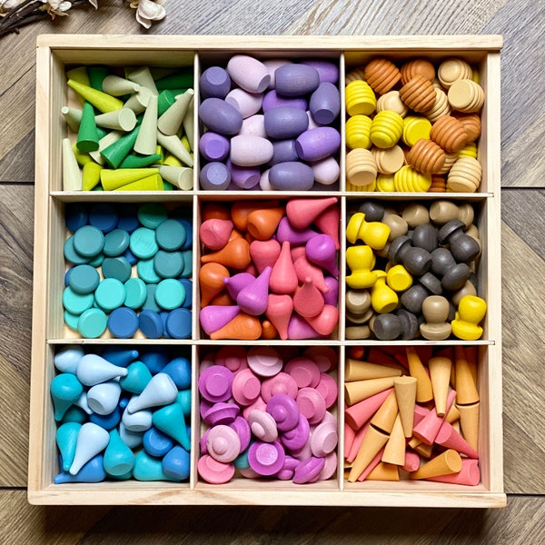 Toddler Gift, Early Years Play, 324 Piece Set Wooden Loose Parts Including Tray, Montessori Play, Wooden Toys, Grapat Mandala Loose Parts
