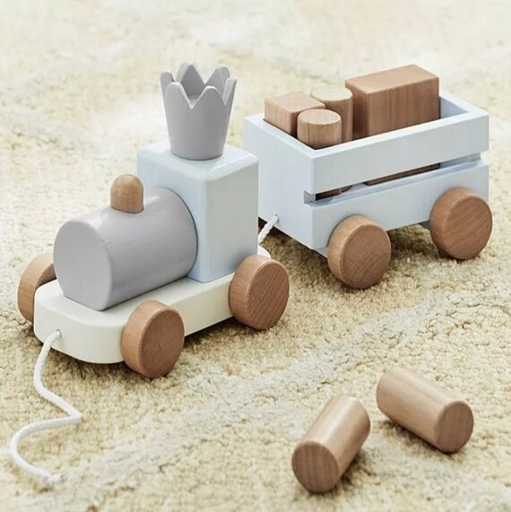 Blue Wooden Pull Along Toy Train Wooden First Train Toddler Etsy UK