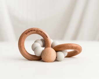 Hochet en bois pour bébé avec perles de silicone, Hochet en bois, Jouets pour bébé, Cadeau de baby shower, Cadeau de bienvenue pour bébé, Décoration de chambre d'enfant