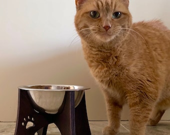 Comedero elevado para mascotas pequeñas, diseño moderno de granja en madera teñida, soporte elevado individual para gato o perro de juguete.