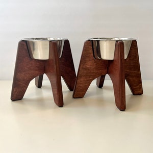 SET of 2 Raised Wooden Dog Bowl Stands with Stainless Steel Bowls