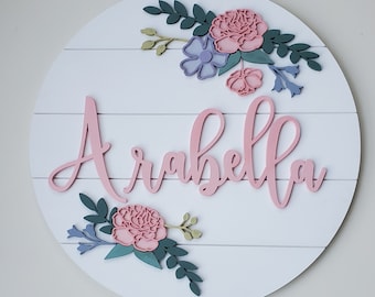 Letrero redondo con nombre de flor / Letrero circular con nombre / Traslapado / Rosa / Arte de pared para guardería / Regalo para baby shower / Decoración de habitación de niña