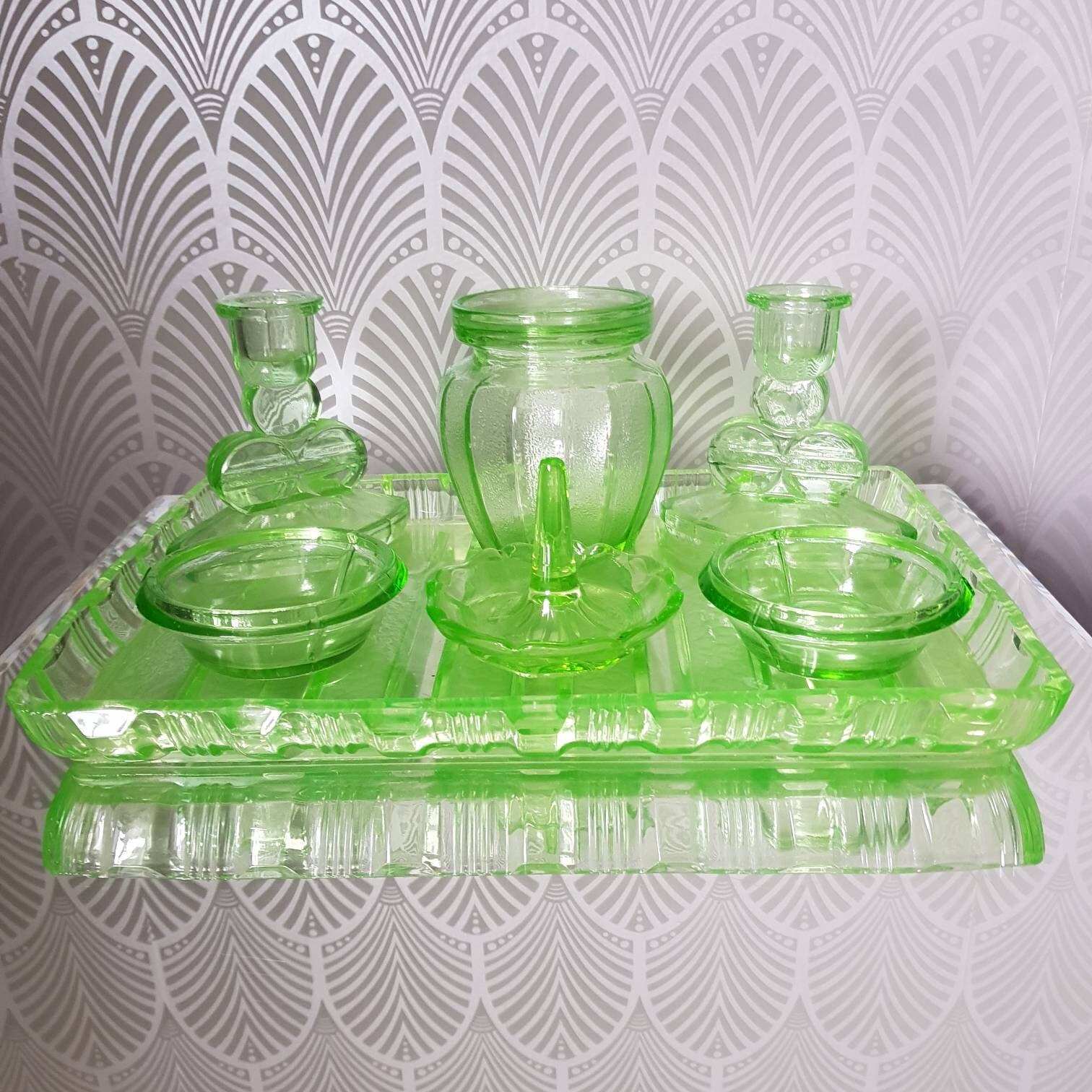 art deco green pressed glass dressing table vanity Etsy