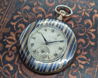 Stunning Vintage Art Deco "Cronometro Escasany" (Tavannes Cyma) Thin .800 Silver, Niello, and Rose Gold Pocket Watch Serviced W/ Warranty!
