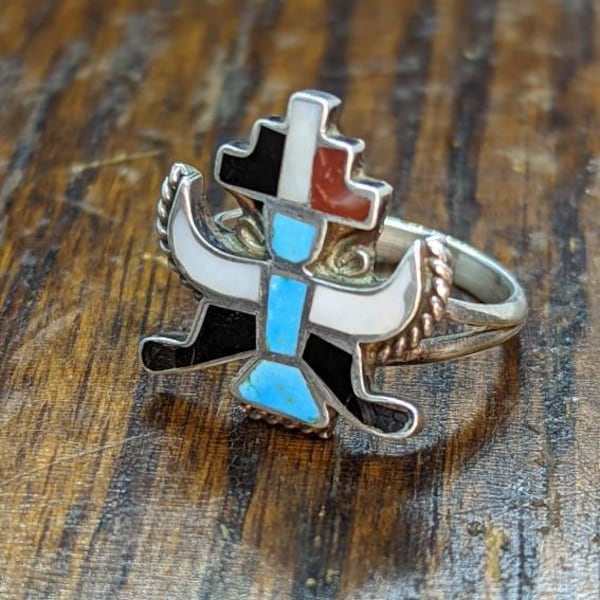 Vintage Zuni Sterling Silver KnifeWing Ring W/ Turquoise, Coral, MOP, and Onyx. FREE US Shipping!
