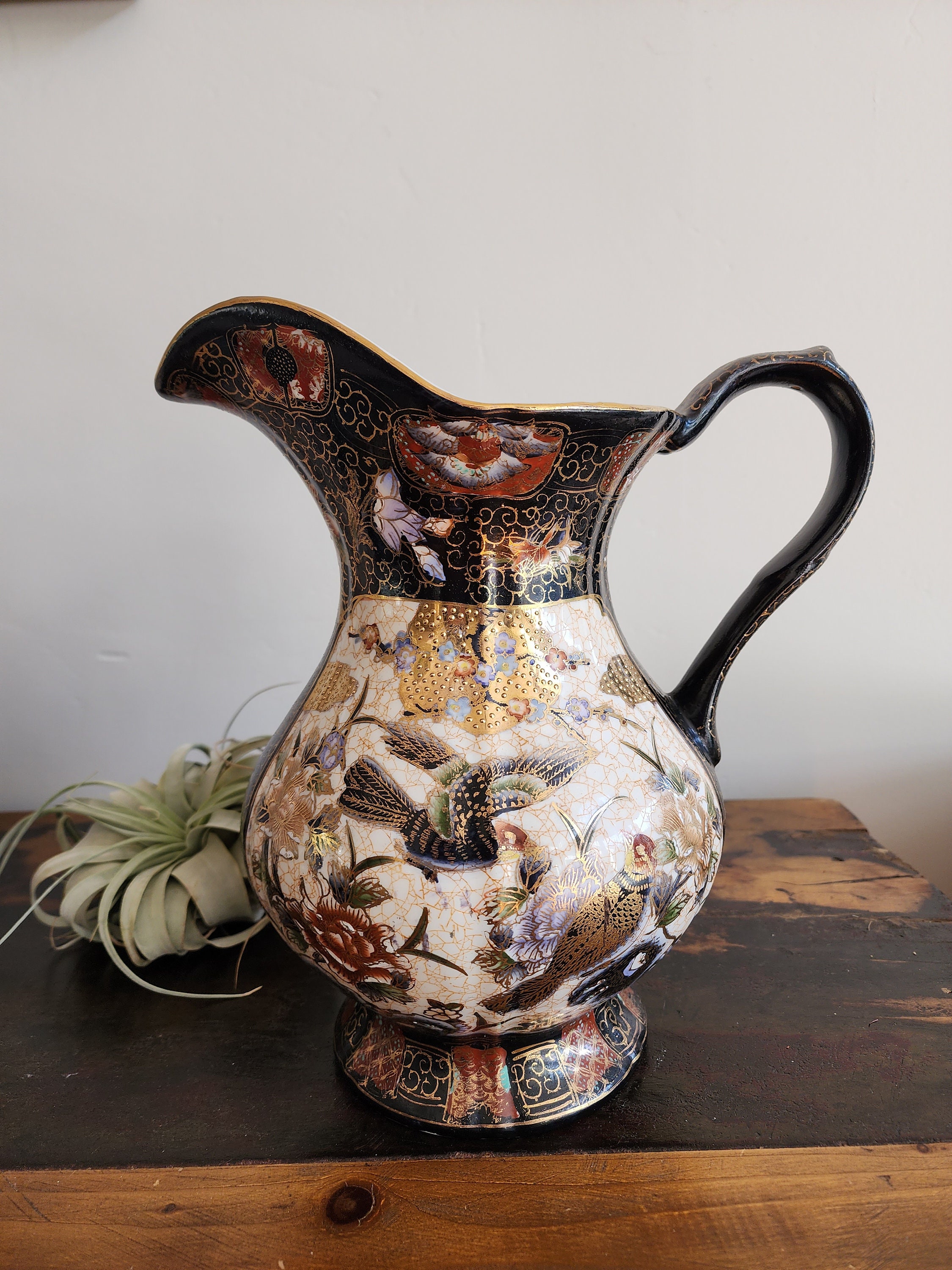 Satsuma Style Japanese Handpainted Pitcher Asian Bird Etsy