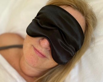 Black Soft Satin Sleep Blackout Eye Mask + Pouch Set With Silk Floss Lining Wide Elasticated Strap Night Mask Blindfold UK