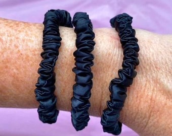 Pack Of 3 Black 100% Mulberry Silk Scrunchies: Skinny 1cm Thickness Hair Tie