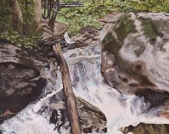 大きな滝の抽象画 手作りの山の風景画 緑の質感の抽象画 渓流の風景画