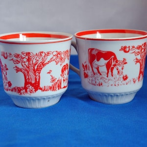 Vintage Soviet Porcelain Mugs (Set of 2) – 1970s USSR Rural Theme