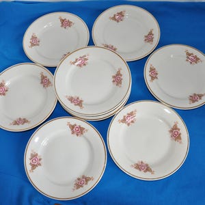 May include: Set of eight white ceramic dinner plates with a gold rim and a floral design featuring pink roses.
