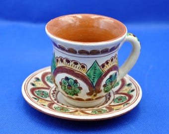 Hand-Painted Ukrainian Clay Coffee Cup and Saucer – Unique Artisan Pottery – 2000s