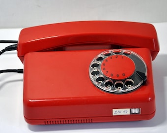 Vintage rotary red telephone, Made in Poland, 1989