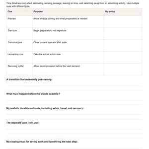 K&ouml;nnte beinhalten: Ein wei&szlig;es Arbeitsblatt mit dem Titel 5. Time awareness and transitions, das eine Tabelle mit Hinweisen wie Preview, Start cue, Transition cue, Leave/stop cue und Recovery buffer enth&auml;lt, gefolgt von leeren Zeilen und einem Kasten unten.