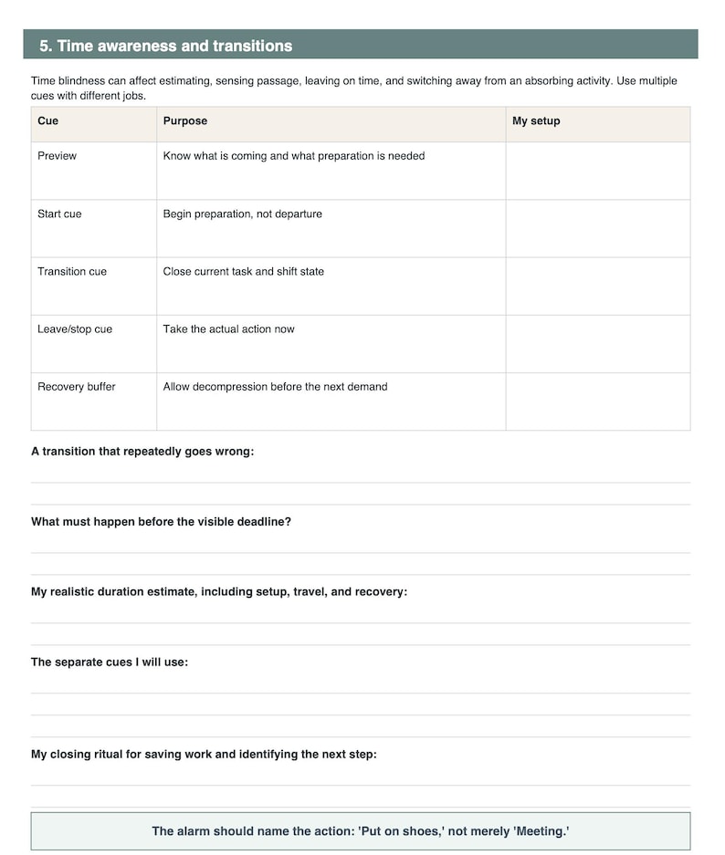 K&ouml;nnte beinhalten: Ein wei&szlig;es Arbeitsblatt mit dem Titel 5. Time awareness and transitions, das eine Tabelle mit Hinweisen wie Preview, Start cue, Transition cue, Leave/stop cue und Recovery buffer enth&auml;lt, gefolgt von leeren Zeilen und einem Kasten unten.