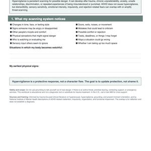May include: A white educational workbook page titled ADHD + Hypervigilance. It contains black text explaining hypervigilance, a list of items the scanning system notices, and blank lines for personal notes on physical signs and safety information.
