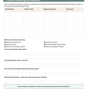 K&ouml;nnte beinhalten: Ein wei&szlig;es, druckbares Arbeitsblatt mit dem Titel 7. Emotion, monitoring, and completion. Es enth&auml;lt eine Tabelle mit vier Spalten f&uuml;r Emotion, Effekt, Regulation und Aktion, gefolgt von Checklisten zur Definition von Erledigtem und leeren Zeilen.