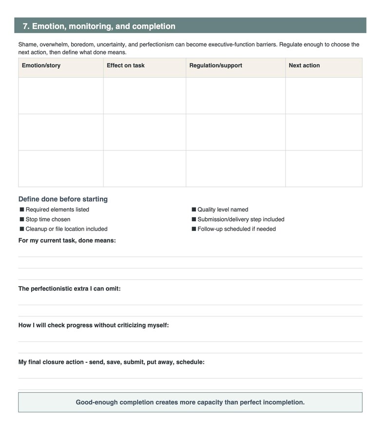 K&ouml;nnte beinhalten: Ein wei&szlig;es, druckbares Arbeitsblatt mit dem Titel 7. Emotion, monitoring, and completion. Es enth&auml;lt eine Tabelle mit vier Spalten f&uuml;r Emotion, Effekt, Regulation und Aktion, gefolgt von Checklisten zur Definition von Erledigtem und leeren Zeilen.